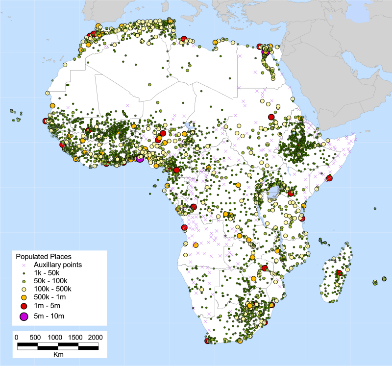 Map of populated places in Africa from the Global Rural-Urban Mapping Project